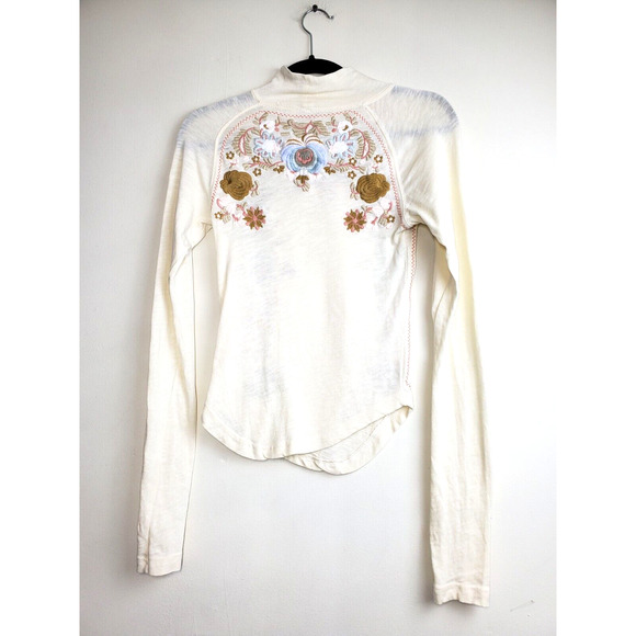 Free People Womens Top Disco Rose Heavily Embroidered Floral Ivory Cream Boho - Picture 3 of 12